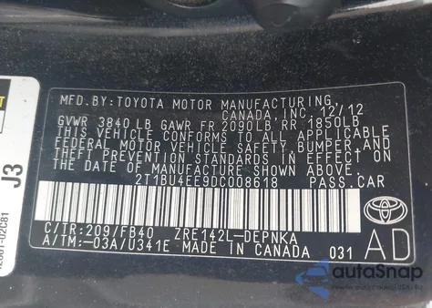 2013 Toyota Corolla Le from USA, damaged, VIN 2T1BU4EE9DC008618